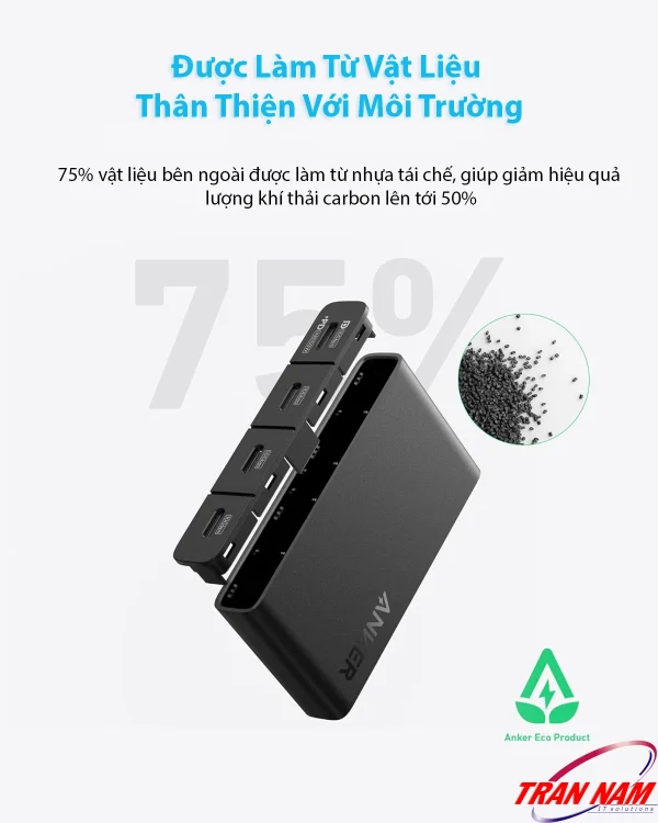 Hub USB-C 4 cổng Anker A8340 được làm từ vật liệu tái chế thân thiện môi trường, giúp giảm phát thải carbon đến 50%, thiết kế bền vững và cao cấp.
