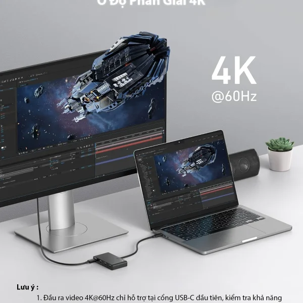 Hub USB-C 4 cổng Anker A8340 hỗ trợ xuất hình ảnh độ phân giải 4K@60Hz qua cổng USB-C đầu tiên, mang đến hình ảnh sắc nét, màu sắc trung thực và hiển thị mượt mà.