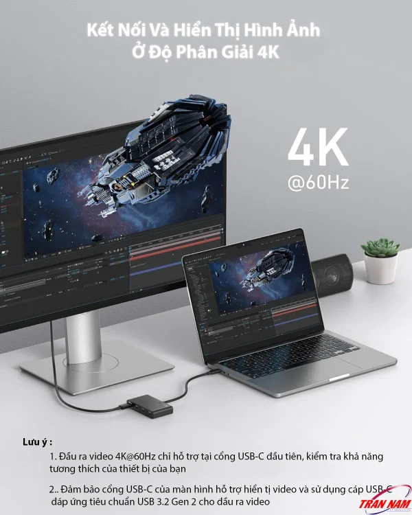 Hub USB-C 4 cổng Anker A8340 hỗ trợ xuất hình ảnh độ phân giải 4K@60Hz qua cổng USB-C đầu tiên, mang đến hình ảnh sắc nét, màu sắc trung thực và hiển thị mượt mà.