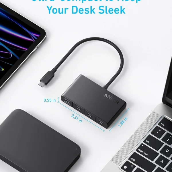 Hub USB-C 4 cổng Anker A8340 có thiết kế siêu nhỏ gọn, kích thước chỉ 8.5 × 4.7 × 1.4 cm, giúp không gian bàn làm việc gọn gàng, hiện đại và tối ưu kết nối thiết bị.