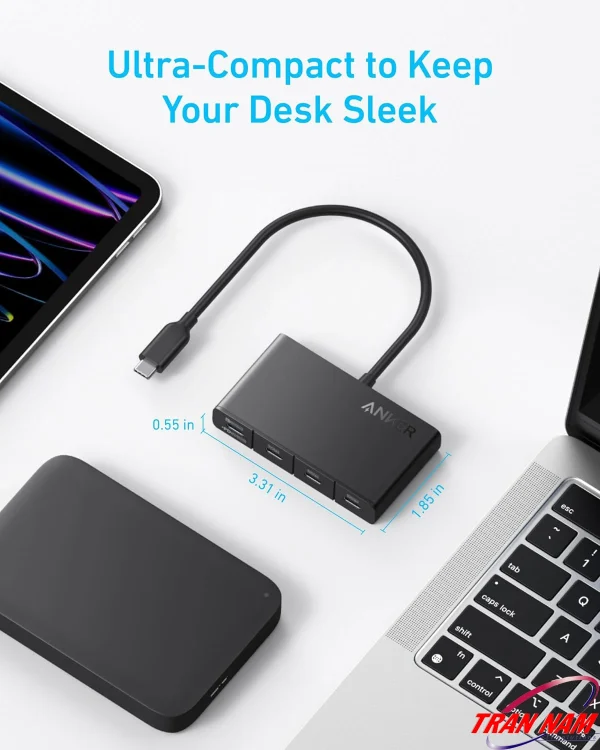 Hub USB-C 4 cổng Anker A8340 có thiết kế siêu nhỏ gọn, kích thước chỉ 8.5 × 4.7 × 1.4 cm, giúp không gian bàn làm việc gọn gàng, hiện đại và tối ưu kết nối thiết bị.