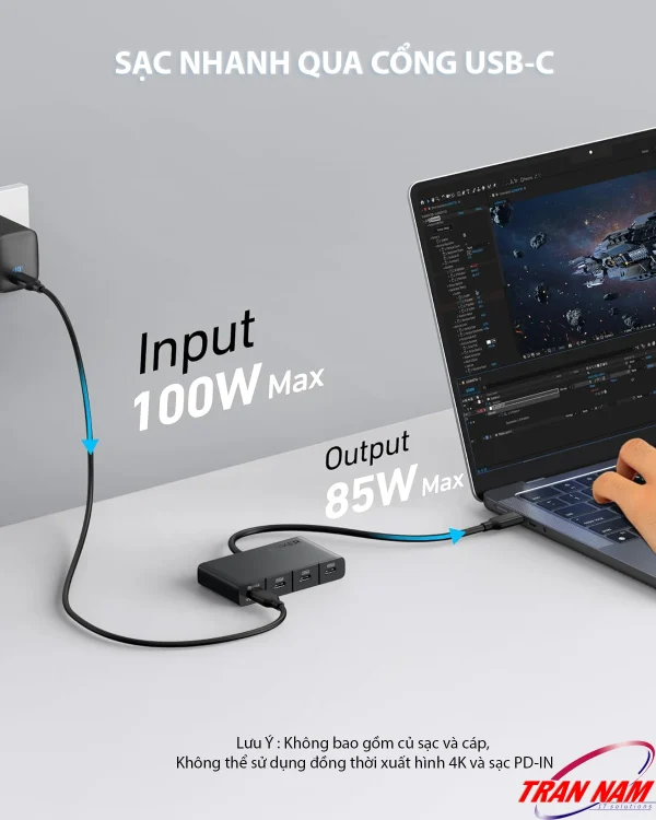Hub USB-C 4 cổng Anker A8340 hỗ trợ sạc nhanh PD100W, cho phép truyền nguồn vào tối đa 100W và sạc ra 85W, đảm bảo tốc độ sạc nhanh cho MacBook, iPad Pro và laptop USB-C.