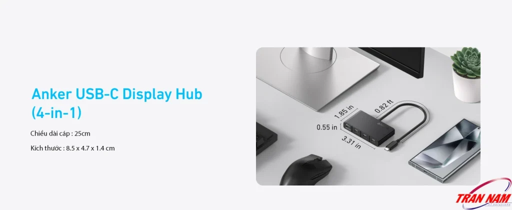 Bộ Chia Cổng USB-C Sang 4 Cổng USB-C Tốc Độ 10Gbps ,Hỗ Trợ 4K@60Hz, Sạc PD 100W Anker A8340 9 Hub USB-C Anker A8340 (4-in-1) với chiều dài cáp 25cm, kích thước nhỏ gọn 8.5 × 4.7 × 1.4 cm, hỗ trợ 4 cổng USB-C tốc độ 10Gbps, sạc nhanh PD100W và xuất hình 4K@60Hz.