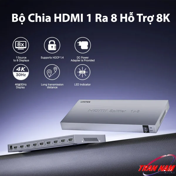Bộ Chia HDMI 1 Ra 8 Unitek V132A – Hỗ Trợ 4K@30Hz, Chuẩn HDMI 1.4, Tương Thích 8K, Có Đèn LED Báo Hiệu, Truyền Ổn Định Khoảng Cách Xa
