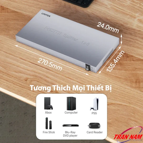 Bộ Chia HDMI 1 Ra 8 Unitek V132A – Kích Thước 270.5×135.4×24mm, Tương Thích PS5, Xbox, TV Box, Fire Stick, Máy Tính, Đầu Blu-ray