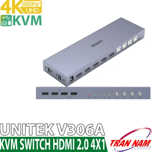 Bộ Chuyển KVM HDMI 4 In 1 Out Unitek V306A – Hỗ Trợ 4K@60Hz, Chia Sẻ 1 Màn Hình Cho 4 Máy Tính, Thiết Kế Vỏ Kim Loại Space Grey