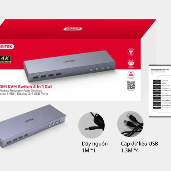 Hộp Sản Phẩm Bộ Chuyển HDMI KVM Unitek V306A – Phụ Kiện Đi Kèm Gồm Cáp USB 1.3M Và Dây Nguồn 1M