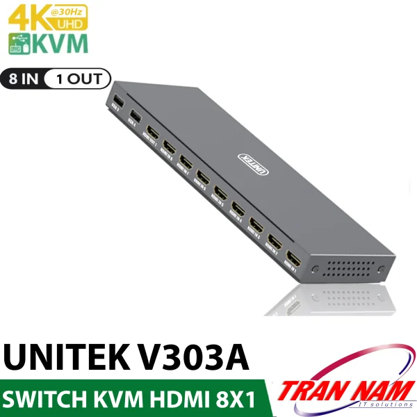 Bộ Chuyển KVM HDMI 8 In 1 Out Unitek V303A – Hỗ Trợ 4K@30Hz, Chia Sẻ 1 Màn Hình Cho 8 Máy Tính, Vỏ Kim Loại Space Grey