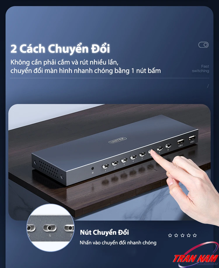Unitek V303A | Bộ KVM HDMI 8 In 1 Out Hỗ Trợ 4K@30Hz – 2 Cách Chuyển Đổi Nhanh Bằng Nút Bấm Hoặc Phím Tắt Bộ Chuyển HDMI KVM Unitek V303A – 2 Cách Chuyển Đổi Nhanh Qua Nút Bấm Hoặc Hotkey, Hỗ Trợ 8 Máy Tính