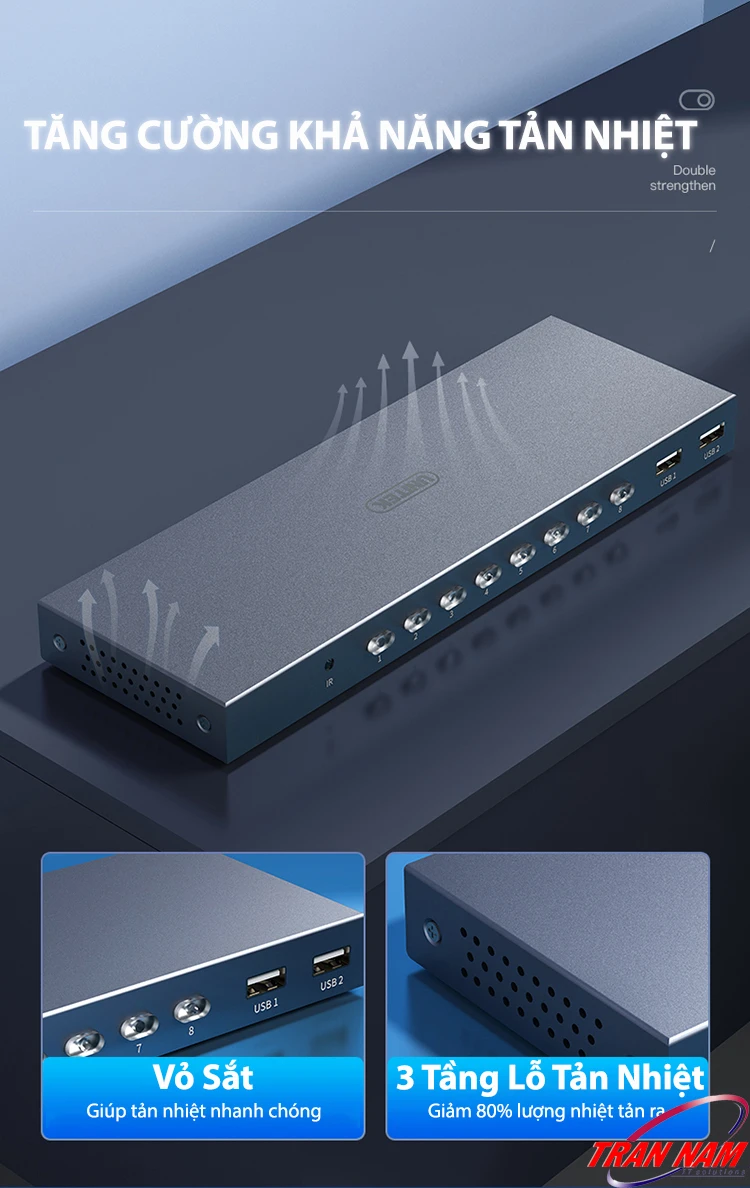 Unitek V303A | Bộ KVM HDMI 8 In 1 Out Hỗ Trợ 4K@30Hz – Thiết Kế Kim Loại Tản Nhiệt Tốt, Giảm 80% Nhiệt Lượng Khi Vận Hành Bộ Chuyển HDMI KVM 8 In 1 Out Unitek V303A – Vỏ Sắt Tản Nhiệt Nhanh, 3 Tầng Lỗ Giúp Giảm Nhiệt Hiệu Quả, Hoạt Động Ổn Định
