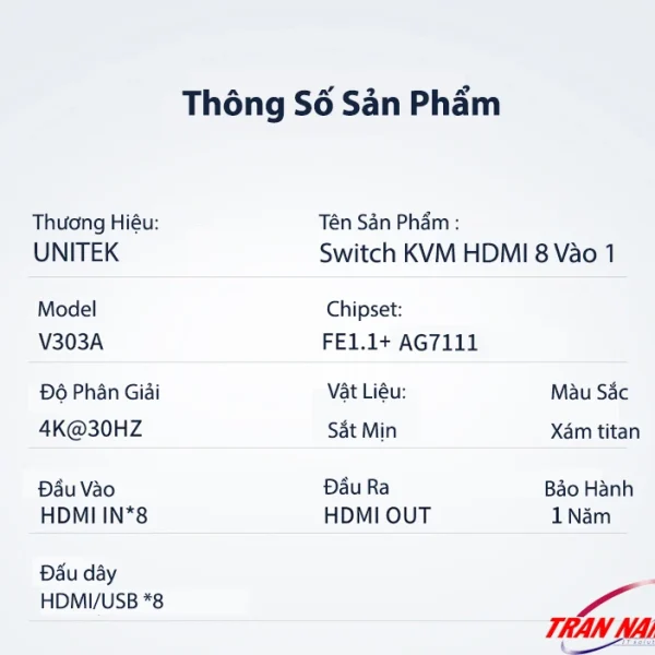 Bộ Chuyển KVM HDMI 8 PC Dùng Chung 1 Màn Hình, Phím Chuột Unitek V303A 14 Bộ Chuyển HDMI KVM 8 In 1 Out Unitek V303A – Thông Số Kỹ Thuật Chi Tiết, Hỗ Trợ 4K@30Hz, Chipset FE1.1 + AG7111, Vỏ Sắt Mịn