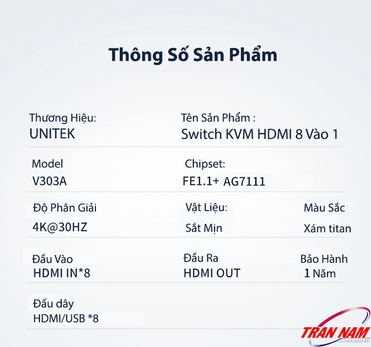 Unitek V303A | Switch KVM HDMI 8 In 1 Out Hỗ Trợ 4K@30Hz – Chipset FE1.1 + AG7111, Vỏ Sắt Mịn, Bảo Hành 1 Năm Bộ Chuyển HDMI KVM 8 In 1 Out Unitek V303A – Thông Số Kỹ Thuật Chi Tiết, Hỗ Trợ 4K@30Hz, Chipset FE1.1 + AG7111, Vỏ Sắt Mịn