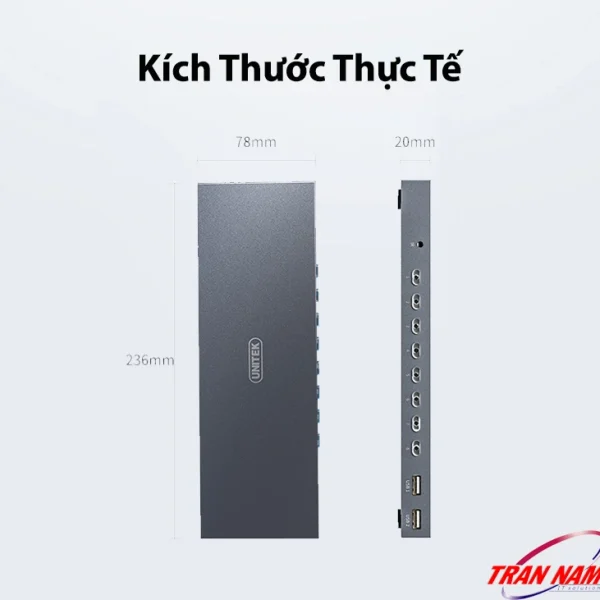 Bộ Chuyển KVM HDMI 8 PC Dùng Chung 1 Màn Hình, Phím Chuột Unitek V303A 13 Bộ Chuyển KVM HDMI 8 In 1 Out Unitek V303A – Kích Thước Thực Tế 236×78×20mm, Thiết Kế Kim Loại Màu Xám Titan
