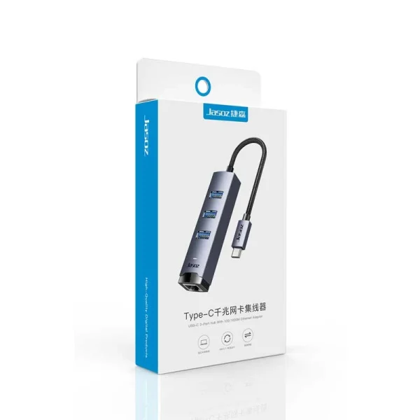 Hộp sản phẩm Jasoz T-F137 – Bộ Chuyển USB-C Sang LAN 1000Mbps và Hub USB 3.0 Vỏ Nhôm