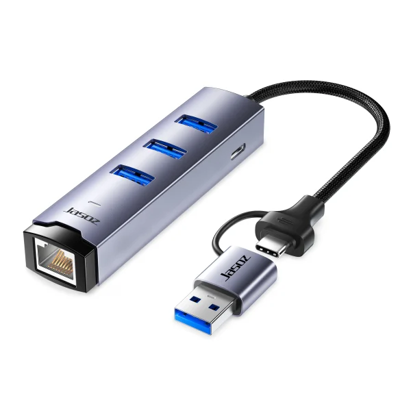 Bộ Chuyển USB to LAN 1000Mbps Kèm 3 Cổng USB 3.0 Jasoz T-F136 Vỏ Nhôm Dual USB-C và USB-A