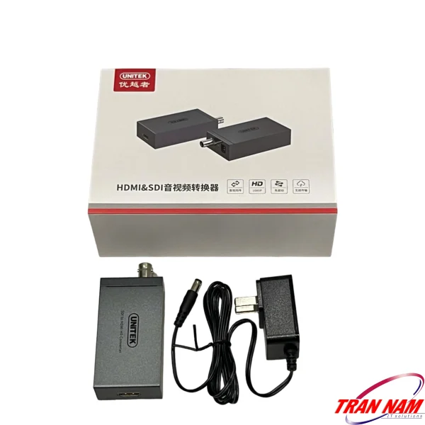 Bộ chuyển SDI sang HDMI Unitek V144A Full HD 1080p kèm adapter nguồn 5V, thiết kế vỏ kim loại cao cấp, dùng cho camera giám sát và studio