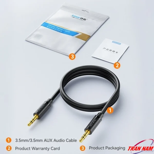 Bộ sản phẩm Cáp Audio 3.5mm Jasoz C103 – Jasoz T-C127, T-C130, T-C131, T-C133, T-C135. Gồm dây âm thanh hai đầu 3.5mm mạ vàng 24K, thẻ bảo hành và bao bì chính hãng Deluxe Digital Cable. Hàng chính hãng Jasoz Việt Nam.