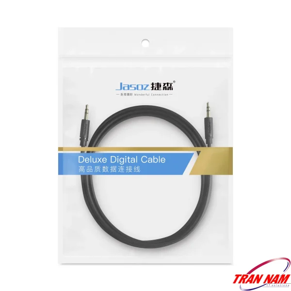 Bao bì sản phẩm Cáp Audio 3.5mm Jasoz C103 – Jasoz T-C127, T-C130, T-C131, T-C133, T-C135. Dây âm thanh hai đầu 3.5mm mạ vàng 24K, lõi đồng OFC, vỏ PVC chống rối, truyền âm stereo trung thực. Bao bì Deluxe Digital Cable chính hãng Jasoz.
