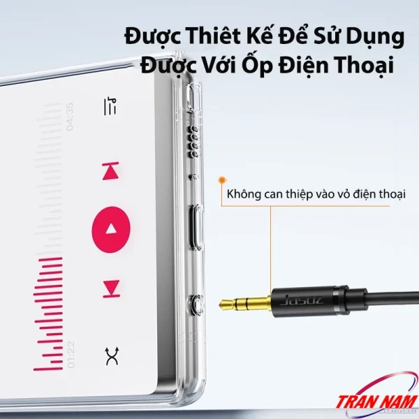 Cáp Audio 3.5mm Jasoz C103 – Jasoz T-C127, T-C130, T-C131, T-C133, T-C135. Đầu jack mảnh thiết kế thông minh, có thể sử dụng với ốp điện thoại mà không bị cấn. Dây âm thanh mạ vàng 24K, lõi đồng OFC, truyền âm thanh stereo rõ nét.