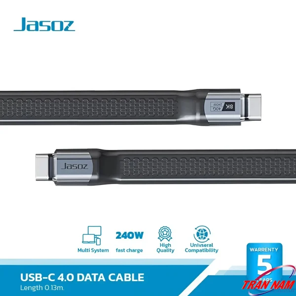 Cáp USB4 Jasoz T-D223 13cm USB-C 4.0 to USB-C, công suất sạc nhanh PD 240W, truyền dữ liệu 40Gbps,