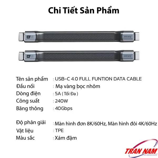 Chi tiết thông số Cáp USB4 Jasoz T-D223 13cm USB-C to USB-C, hỗ trợ sạc nhanh PD 240W, truyền dữ liệu 40Gbps, độ phân giải 8K
