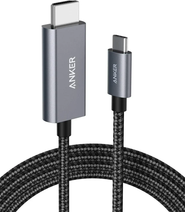 Cáp chuyển USB-C sang HDMI Anker A8730 dài 1.8M hỗ trợ 4K@60Hz, thiết kế dây bện dù cao cấp, đầu nhôm chống nhiễu, truyền hình ảnh sắc nét từ laptop sang màn hình hoặc TV.