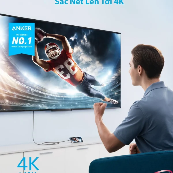 Cáp chuyển USB-C sang HDMI Anker A8730 hỗ trợ 4K@60Hz, truyền hình ảnh sắc nét, mượt mà từ điện thoại hoặc laptop sang TV 4K, cho trải nghiệm xem thể thao và phim ảnh sống động.