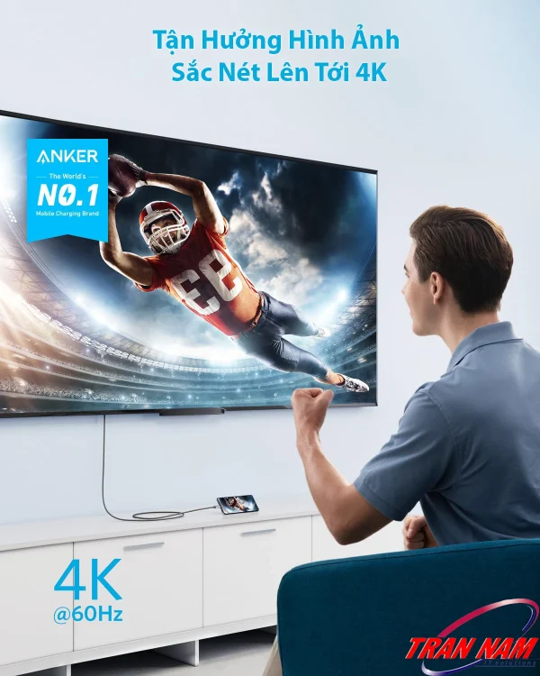 Cáp chuyển USB-C sang HDMI Anker A8730 hỗ trợ 4K@60Hz, truyền hình ảnh sắc nét, mượt mà từ điện thoại hoặc laptop sang TV 4K, cho trải nghiệm xem thể thao và phim ảnh sống động.