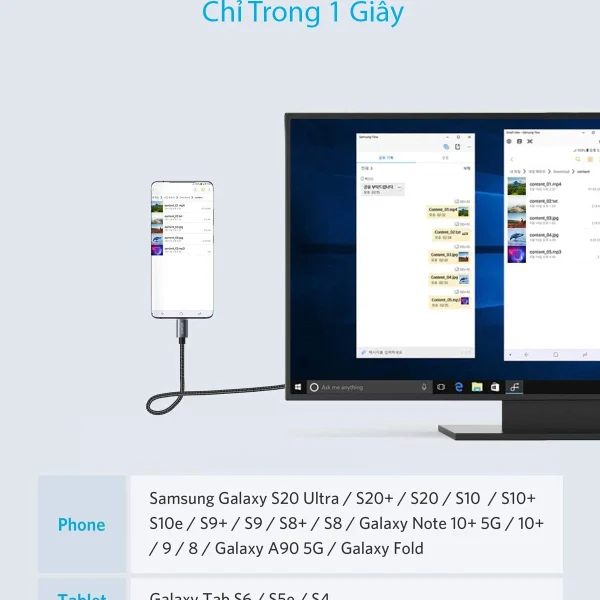Cáp USB-C sang HDMI Anker A8730 hỗ trợ kết nối nhanh với các thiết bị Samsung như Galaxy S20, Note10+, Galaxy Fold và Tab S6 qua chế độ Samsung DeX, xuất hình ảnh 4K mượt mà chỉ trong 1 giây.