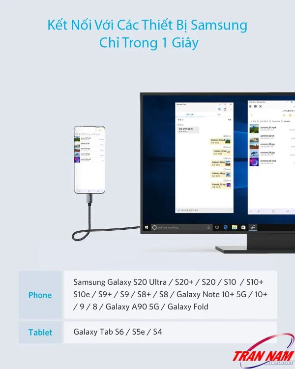Cáp USB-C sang HDMI Anker A8730 hỗ trợ kết nối nhanh với các thiết bị Samsung như Galaxy S20, Note10+, Galaxy Fold và Tab S6 qua chế độ Samsung DeX, xuất hình ảnh 4K mượt mà chỉ trong 1 giây.