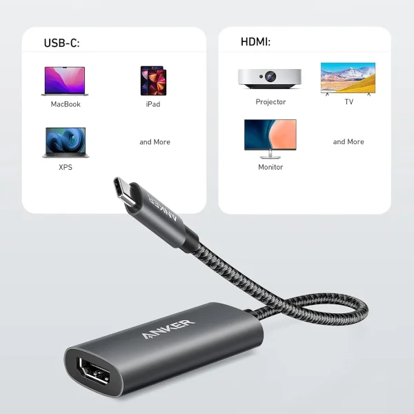 Cáp chuyển USB-C sang HDMI Anker 518 A8317 tương thích MacBook, iPad, Dell XPS và hiển thị lên TV, màn hình, máy chiếu qua chuẩn HDMI 2.1.