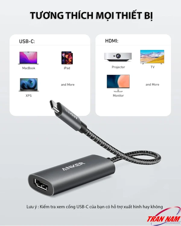 Cáp chuyển USB-C sang HDMI Anker 518 A8317 tương thích MacBook, iPad, Dell XPS và hiển thị lên TV, màn hình, máy chiếu qua chuẩn HDMI 2.1.
