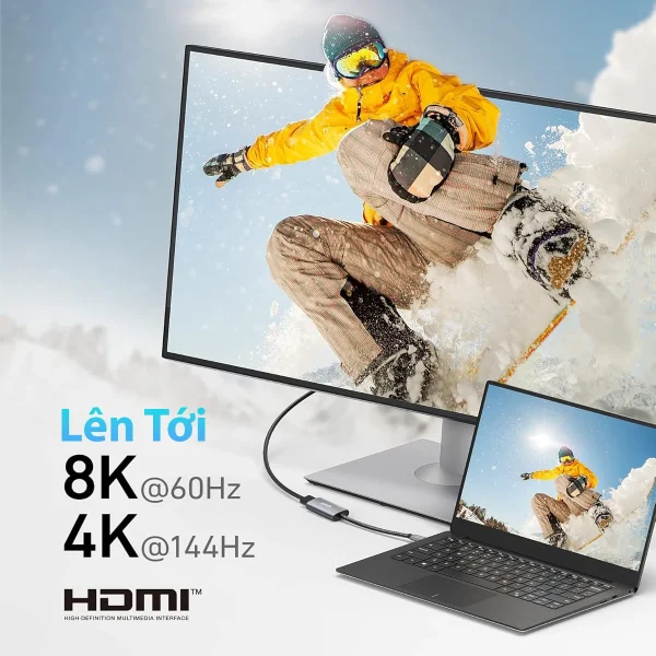 Cáp chuyển USB-C sang HDMI Anker 518 A8317 hỗ trợ độ phân giải lên đến 8K@60Hz và 4K@144Hz, mang lại hình ảnh siêu sắc nét và mượt mà trên màn hình lớn.