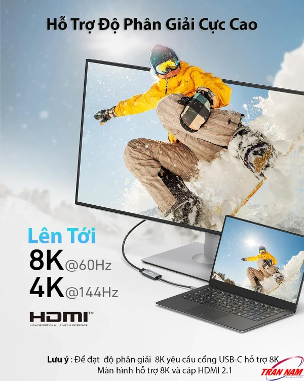 Cáp chuyển USB-C sang HDMI Anker 518 A8317 hỗ trợ độ phân giải lên đến 8K@60Hz và 4K@144Hz, mang lại hình ảnh siêu sắc nét và mượt mà trên màn hình lớn.