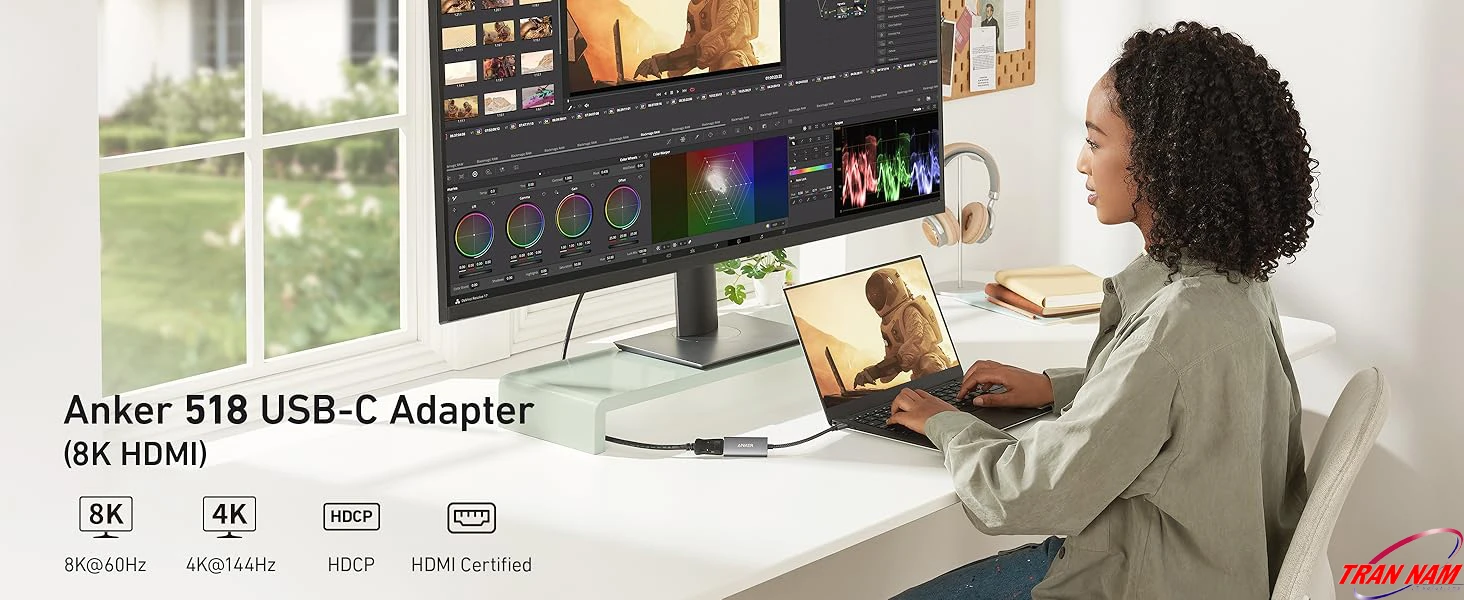 Cáp Chuyển USB-C Sang HDMI Hỗ Trợ 8K@60Hz, 4K@144Hz Anker 518 – A8317 6 Người dùng kết nối MacBook với màn hình 8K bằng cáp chuyển USB-C sang HDMI Anker 518 A8317, hiển thị hình ảnh sắc nét 8K@60Hz và 4K@144Hz qua chuẩn HDMI 2.1.