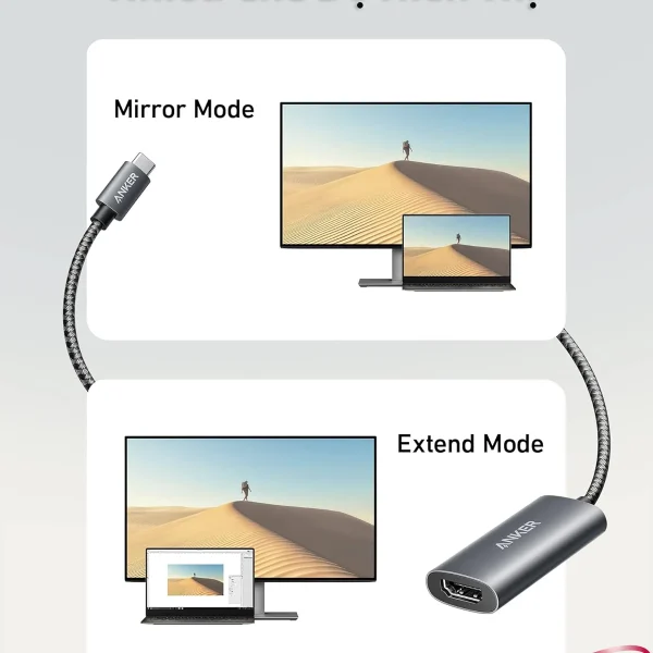 Cáp chuyển USB-C sang HDMI Anker 518 A8317 hỗ trợ hai chế độ hiển thị Mirror Mode và Extend Mode, giúp kết nối laptop với màn hình ngoài dễ dàng và linh hoạt.