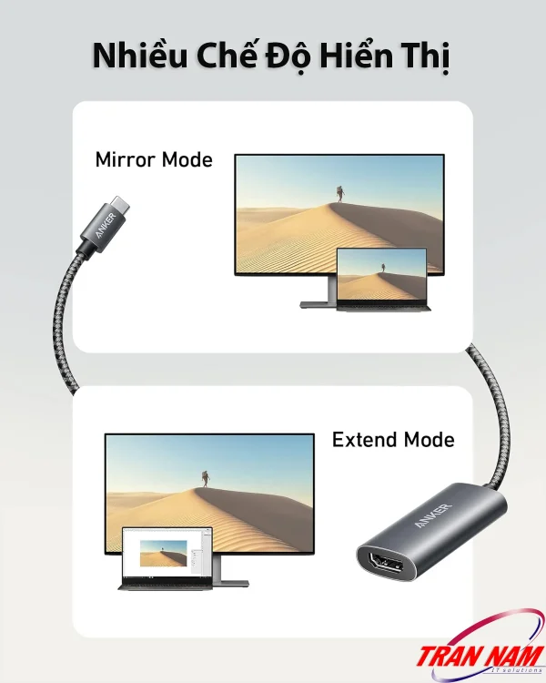 Cáp chuyển USB-C sang HDMI Anker 518 A8317 hỗ trợ hai chế độ hiển thị Mirror Mode và Extend Mode, giúp kết nối laptop với màn hình ngoài dễ dàng và linh hoạt.