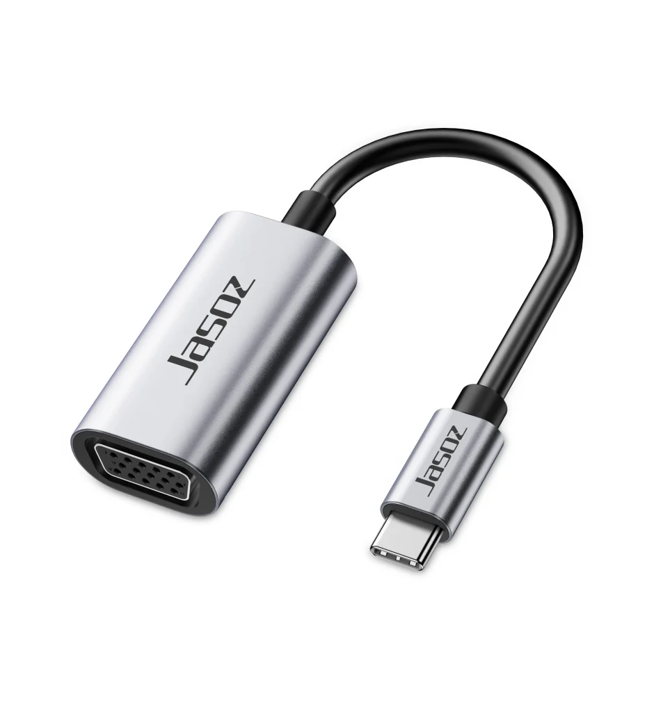 Cáp chuyển USB-C sang VGA Jasoz T-H104 vỏ nhôm cao cấp, hỗ trợ độ phân giải Full HD 1080p, chip Realtek RTD2172, cắm là dùng, tương thích MacBook, laptop và máy chiếu VGA.