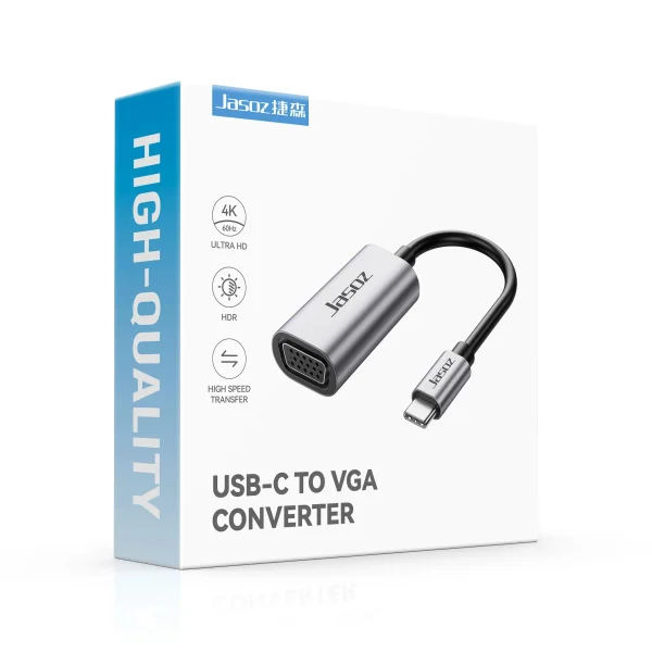 Hộp sản phẩm Cáp chuyển USB-C sang VGA Jasoz T-H104, thiết kế vỏ nhôm cao cấp, hỗ trợ độ phân giải Full HD, tốc độ truyền hình ảnh ổn định, thương hiệu Jasoz chính hãng.