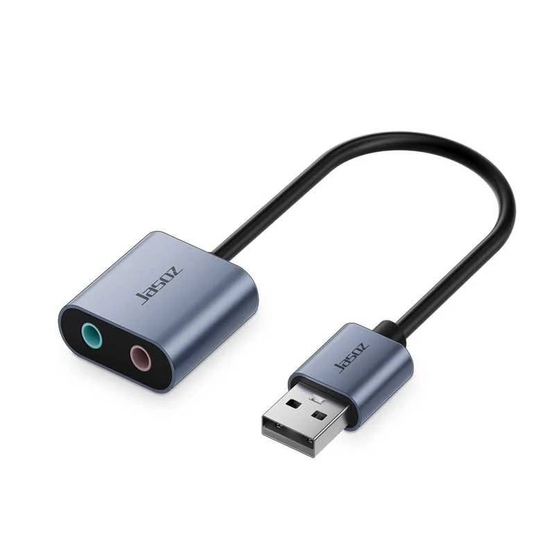 Cáp chuyển USB sang Sound Jasoz T-G169, vỏ nhôm cao cấp, chip HS-100B, hỗ trợ 2 cổng 3.5mm loa và mic, âm thanh stereo 2 kênh, đầu cáp mạ nickel, cắm là dùng không cần driver.
