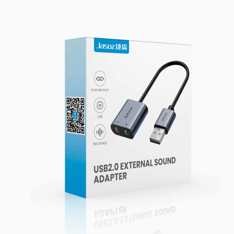 Bao bì sản phẩm Jasoz T-G169 – USB 2.0 External Sound Adapter, chip HS-100B, âm thanh Stereo, Plug & Play Bao bì sản phẩm Jasoz T-G169, cáp chuyển USB sang 2 jack 3.5mm (loa + mic), vỏ hợp kim nhôm cao cấp, chip HS-100B, hỗ trợ âm thanh stereo 360°, thiết kế đóng gói chính hãng Jasoz.