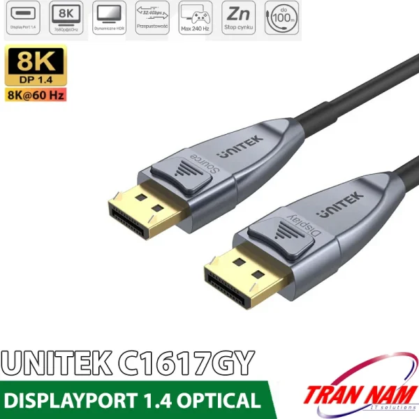 Cáp DisplayPort 1.4 Sợi Quang Unitek C1617GY Dài 15M – Hỗ Trợ 8K@60Hz, 4K@240Hz, HDR, Băng Thông 32.4Gbps, Đầu Mạ Vàng, Vỏ Kẽm Chống Nhiễu