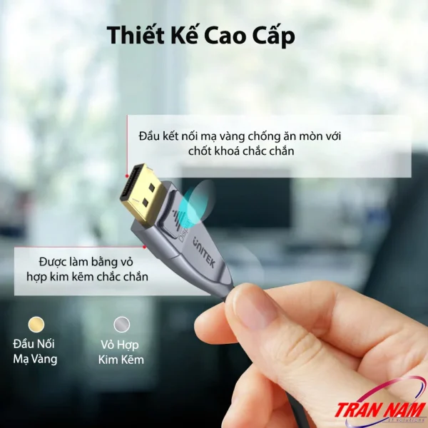Cáp Displayport 1.4 Sợi Quang Dài 15M Hỗ Trợ 8K@60Hz Unitek C1617GY 4 Thiết Kế Cao Cấp Cáp DisplayPort 1.4 Sợi Quang Unitek C1617GY – Đầu Mạ Vàng 24K, Vỏ Hợp Kim Kẽm, Chống Ăn Mòn Và Nhiễu