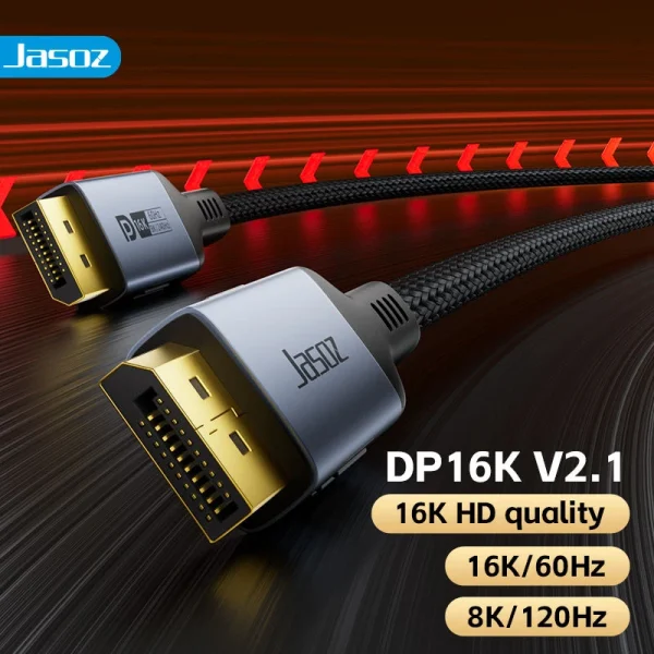 Cáp DisplayPort 2.1 Jasoz A141 DP16K V2.1 – hỗ trợ 16K 60Hz, 8K 120Hz, 4K 240Hz, FHD 360Hz, băng thông 80Gbps. Các SKU: T-A376 1M, T-A408 1.5M, T-A377 2M, T-A378 3M.
