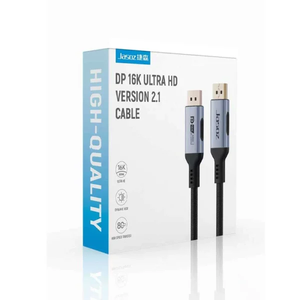 Hộp sản phẩm Cáp DisplayPort 2.1 Jasoz A141 T-A376 1M, T-A408 1.5M, T-A377 2M, T-A378 3M – hỗ trợ 16K 60Hz, 8K 120Hz, 4K 240Hz, băng thông 80Gbps, đầu cáp mạ vàng, dây bọc dù cao cấp.