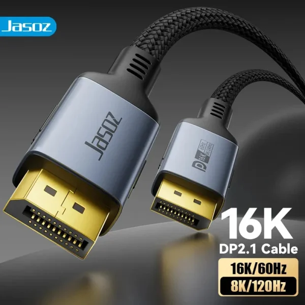 Cáp DisplayPort 2.1 Jasoz A141 T-A376 1M, T-A408 1.5M, T-A377 2M, T-A378 3M – hỗ trợ 16K 60Hz, 8K 120Hz, 4K 240Hz, băng thông 80Gbps, dây bọc dù cao cấp, đầu cáp mạ vàng chống oxy hóa.