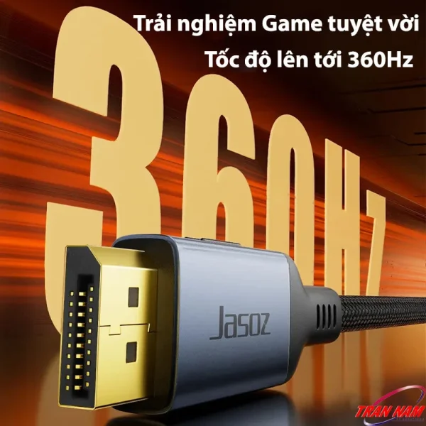 Cáp DisplayPort 2.1 Jasoz A141 hỗ trợ chơi game mượt mà với tần số quét 360Hz, hình ảnh sắc nét. Các SKU: T-A376 1M, T-A408 1.5M, T-A377 2M, T-A378 3M.