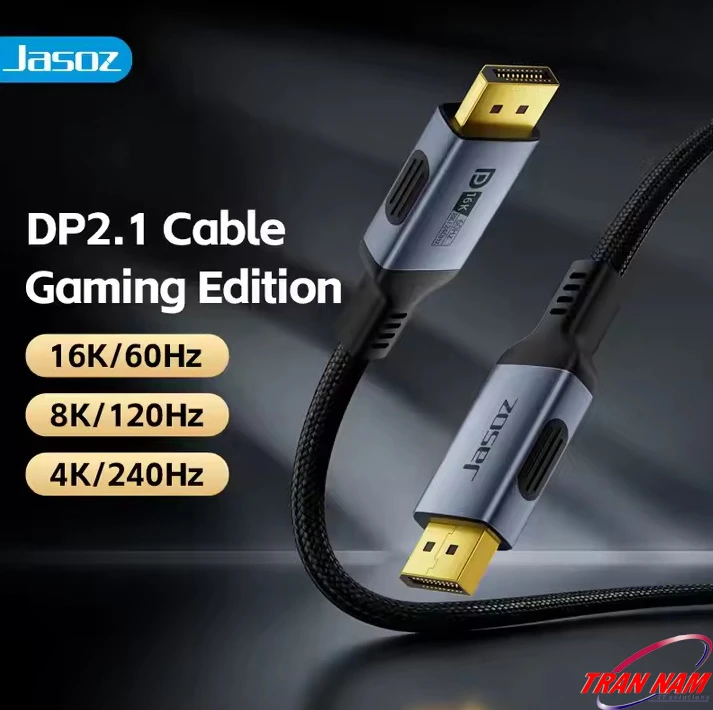 Cáp DisplayPort 2.1 Jasoz A141 Gaming Edition, hỗ trợ 16K/60Hz, 8K/120Hz, 4K/240Hz. Toàn bộ SKU: T-A376 1M, T-A408 1.5M, T-A377 2M, T-A378 3M.