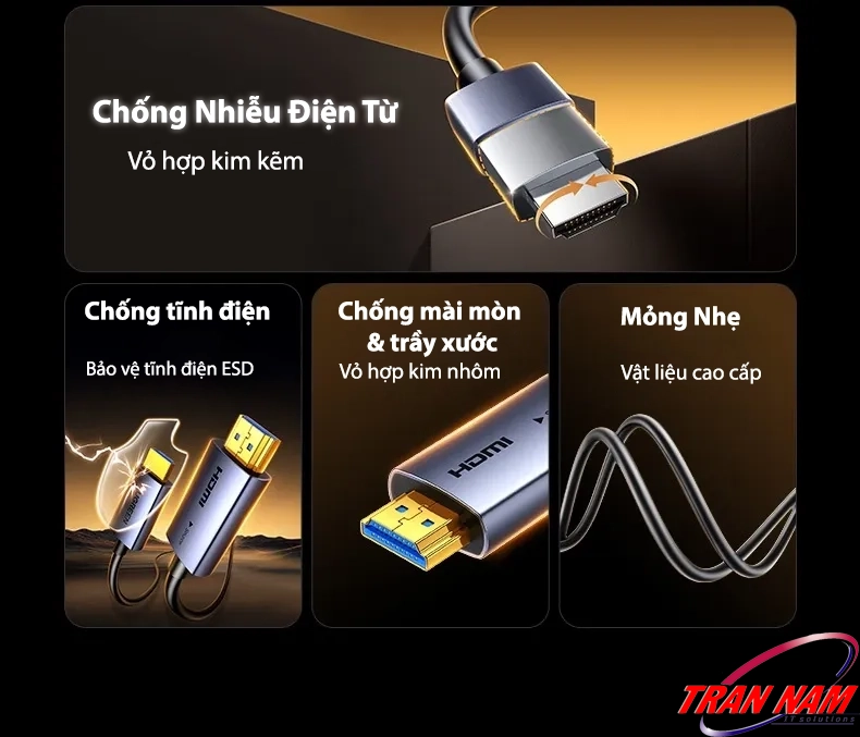 Chống nhiễu, chống tĩnh điện, chống mài mòn – Cáp HDMI 2.0 Sợi Quang Ugreen HD178 (Ugreen 45503–45512) vỏ hợp kim nhôm, vật liệu cao cấp, mỏng nhẹ, bền bỉ. Cáp HDMI 2.0 Sợi Quang Ugreen HD178 – Ugreen 45503, 45504, 45505, 45506, 45507, 45508, 45509, 45510, 45511, 45512 – chống nhiễu điện từ EMI/RFI, chống tĩnh điện ESD, vỏ hợp kim nhôm bền nhẹ, chống mài mòn và trầy xước.
