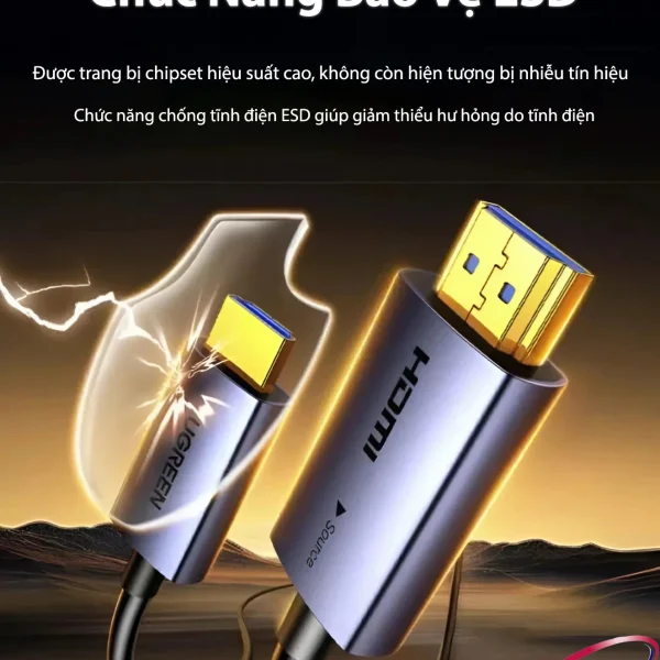 Dây HDMI Sợi Quang Dài 15M Hỗ Trợ 4K@60Hz HDR Ugreen 45504 4 Cáp HDMI 2.0 Sợi Quang Ugreen HD178 – Ugreen 45503, 45504, 45505, 45506, 45507, 45508, 45509, 45510, 45511, 45512 – tích hợp chipset chống tĩnh điện ESD, bảo vệ tín hiệu 4K@60Hz ổn định, không suy hao.